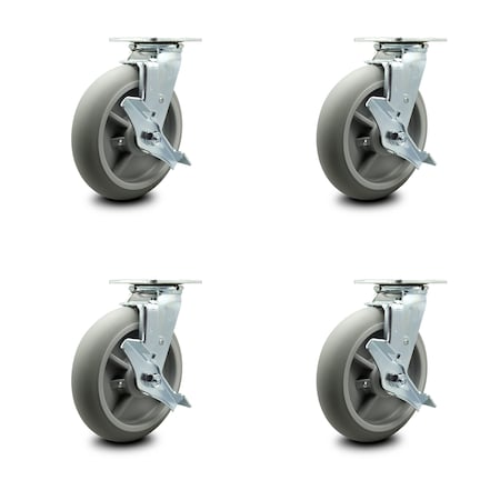 8 Inch Thermoplastic Rubber Swivel Caster Set With Ball Bearings And Brakes SCC